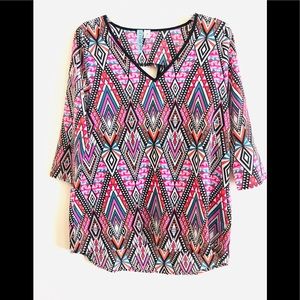 Womens Top Size Medium Pink Red Multicolored Tribal Print Blouse